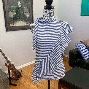 Nicole Miller Artelier Stripe Asymmetric Ruffle Top Blue White Medium